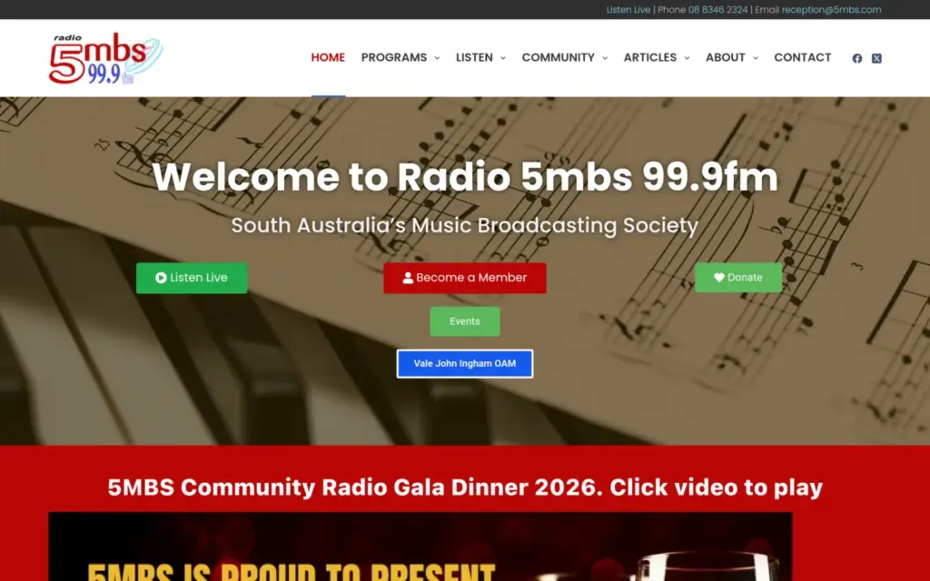 Radio 5MBS 99.9FM website homepage