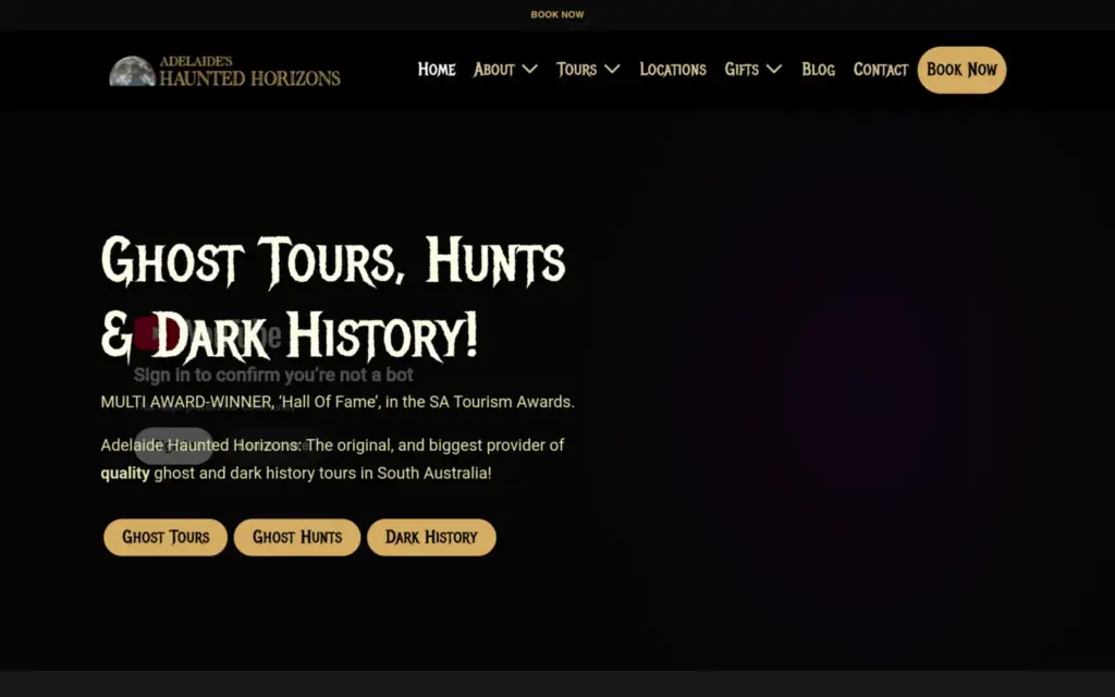 Adelaide's Haunted Horizons website homepage