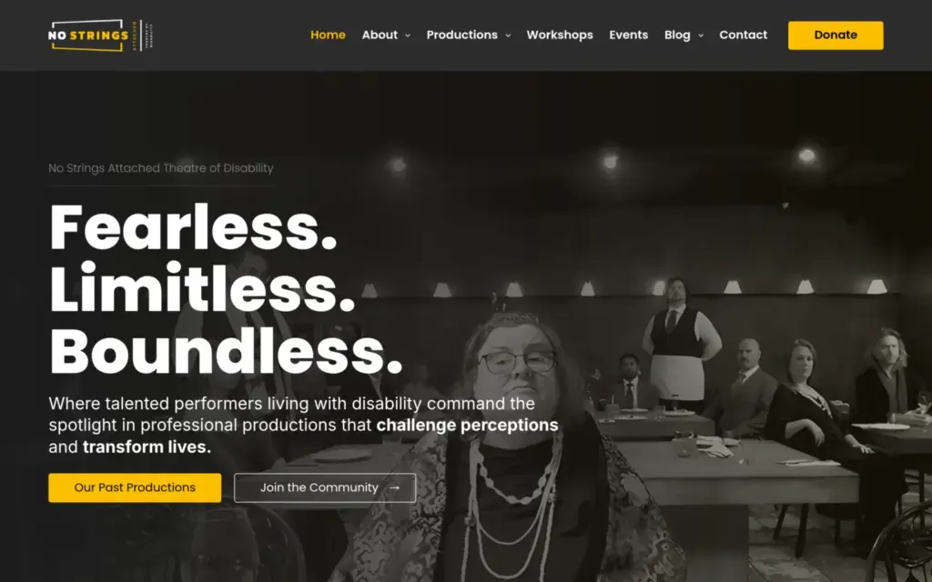 No Strings Attached Theatre of Disability website homepage