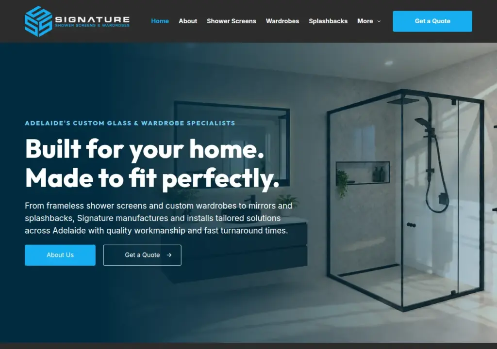 Signature Shower Screens & Wardrobes website homepage